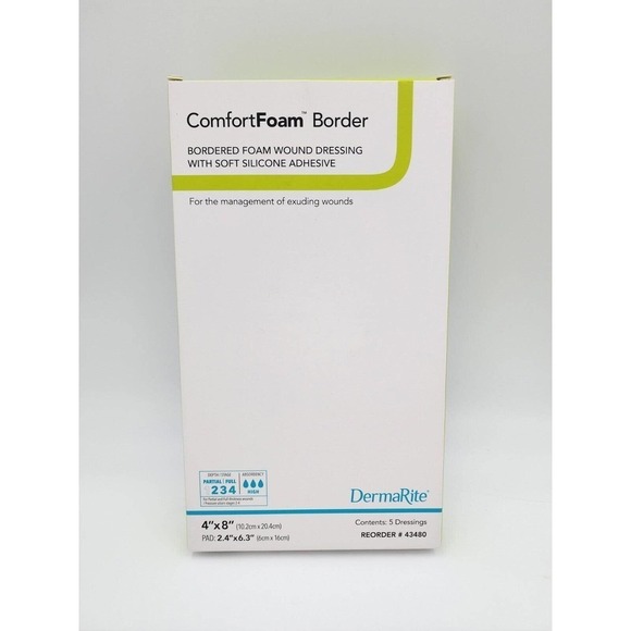 DERMARITE 1 BX/5 EA Comfort Foam Silicone Foam Border Dressing 4" x 8" 43480 - Picture 1 of 5